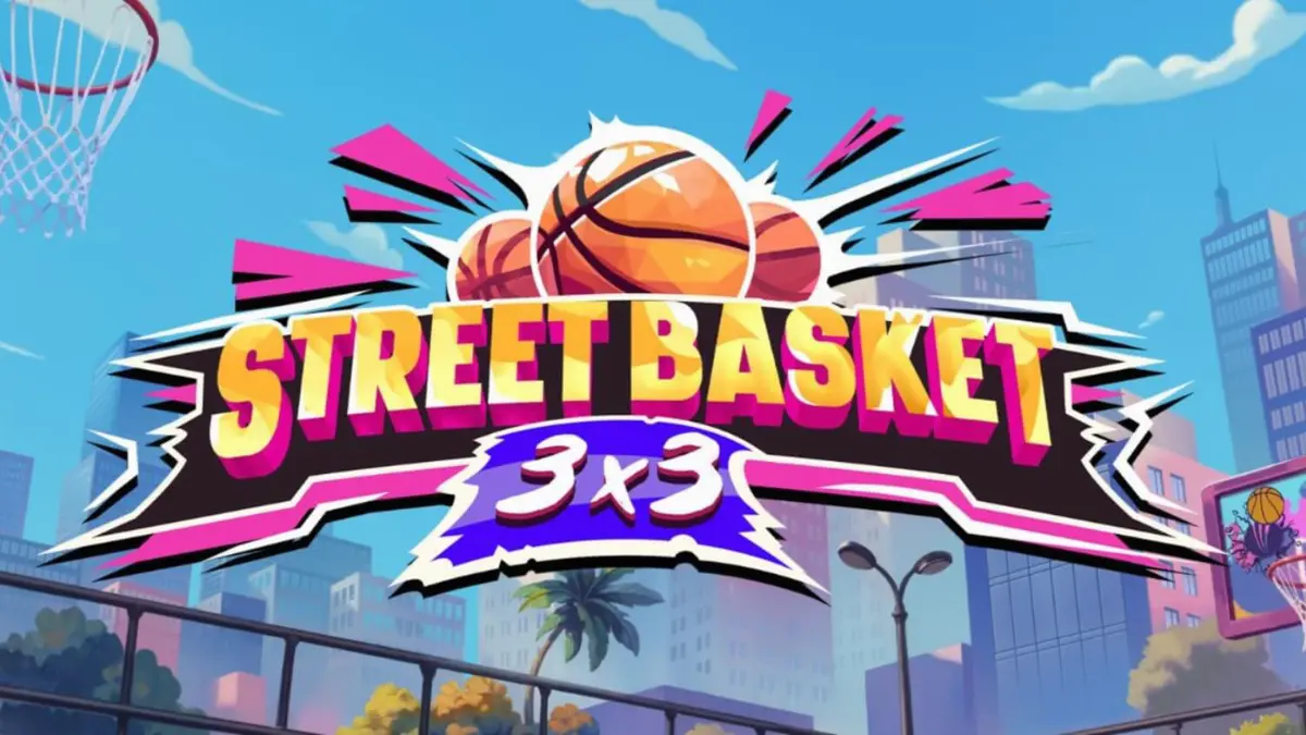 Tampilan visual slot Street Basket 3x3 dengan latar belakang lapangan basket urban dan grafiti.