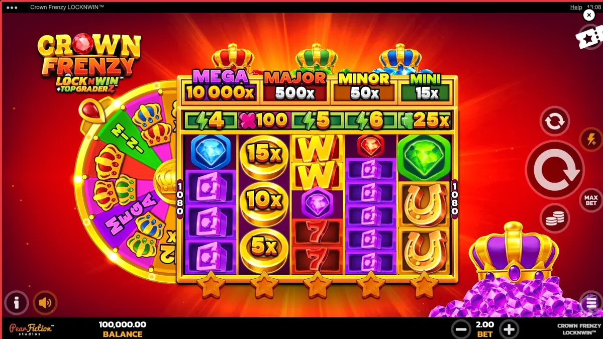 Tampilan visual slot Crown Frenzy LockNWin dengan tema kerajaan dan permata.