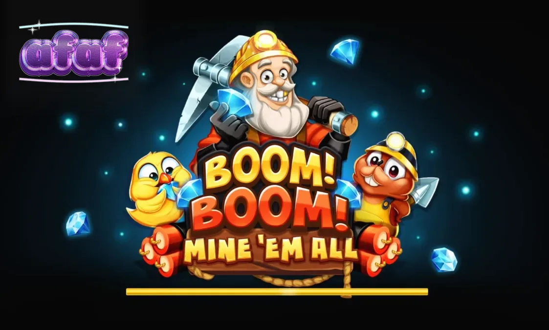 Tampilan visual slot Boom! Boom! Mine ‘Em All dengan latar belakang tambang yang gelap dan simbol-simbol eksplosif.